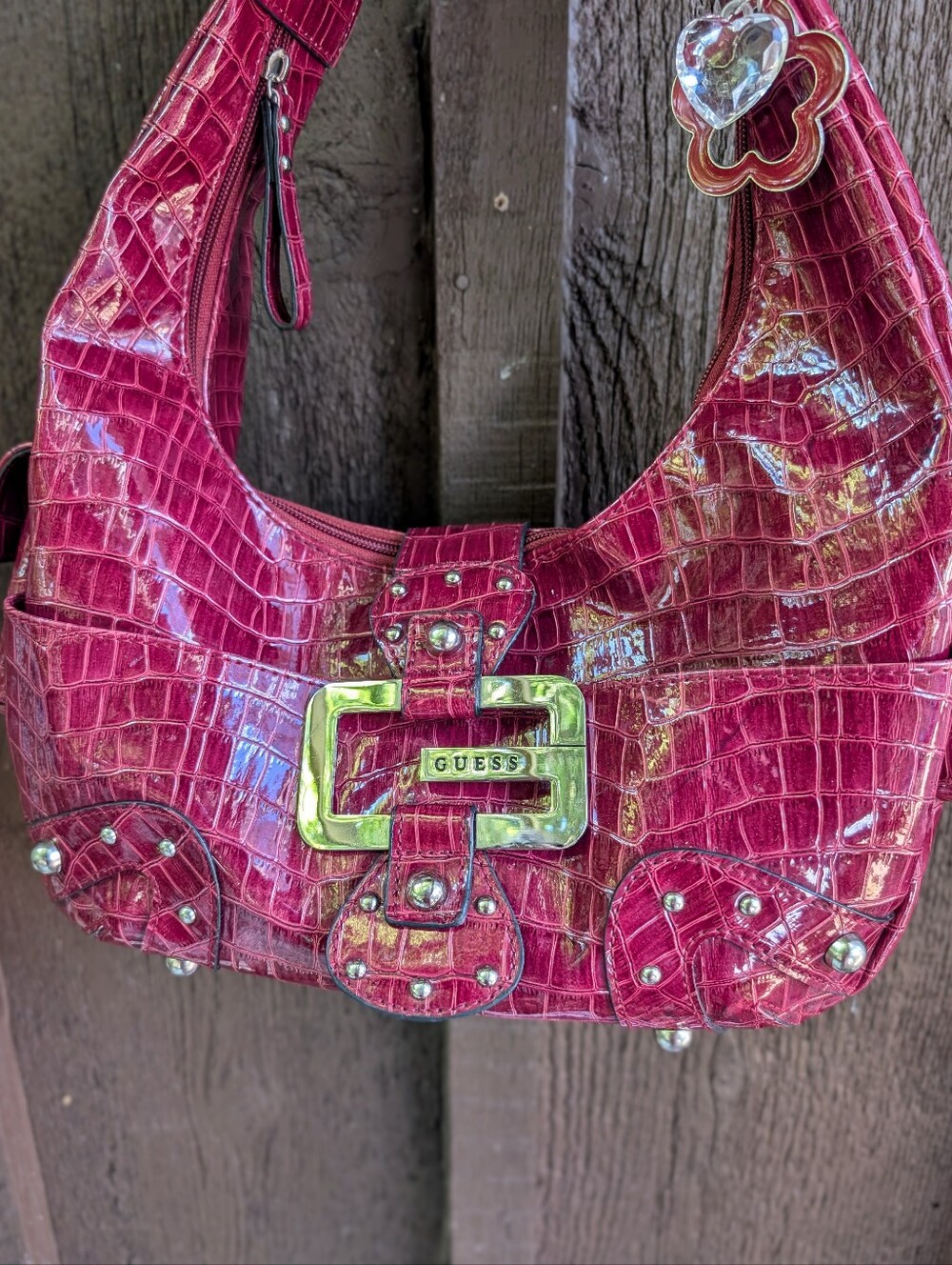 Guess Y2K Vintage Pink Red Faux Crocodile Mcbling Shoulder Bag - Picture 2 of 8